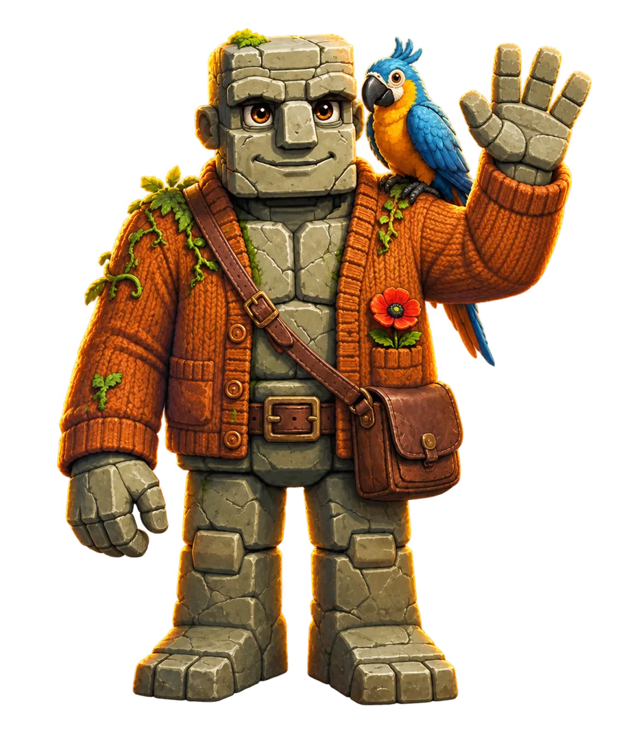 Homey the mossy stone golem groundskeeper waving, with a parrot on his shoulder and a poppy in his hand.